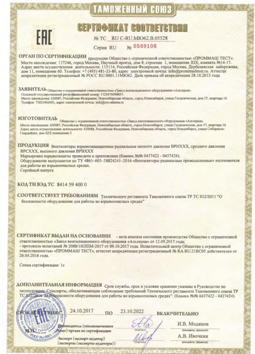 Сертификат соответствия вентиляторы взрывозащищ.